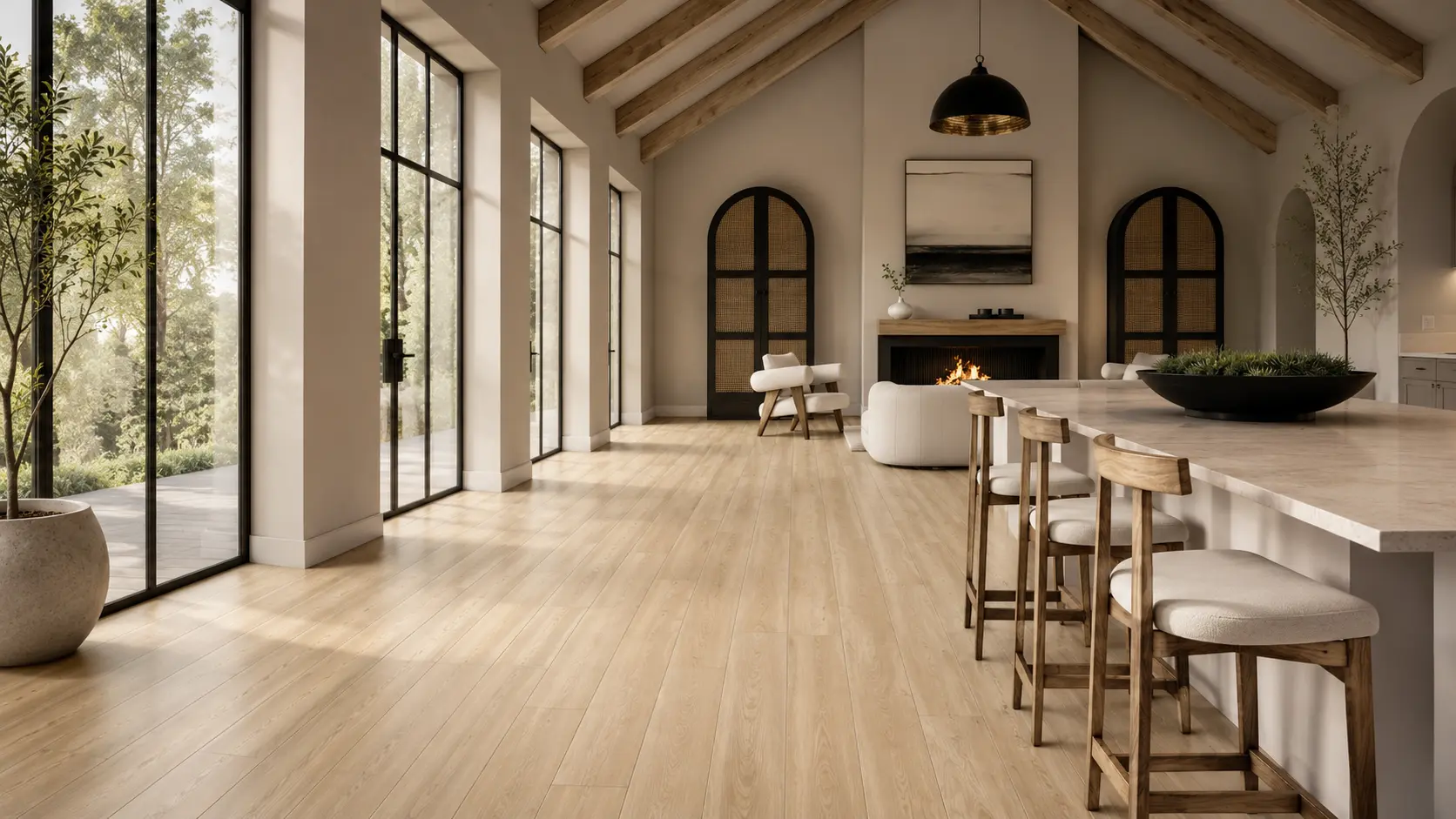 Cinematic living room with European oak floor and full-height glazing